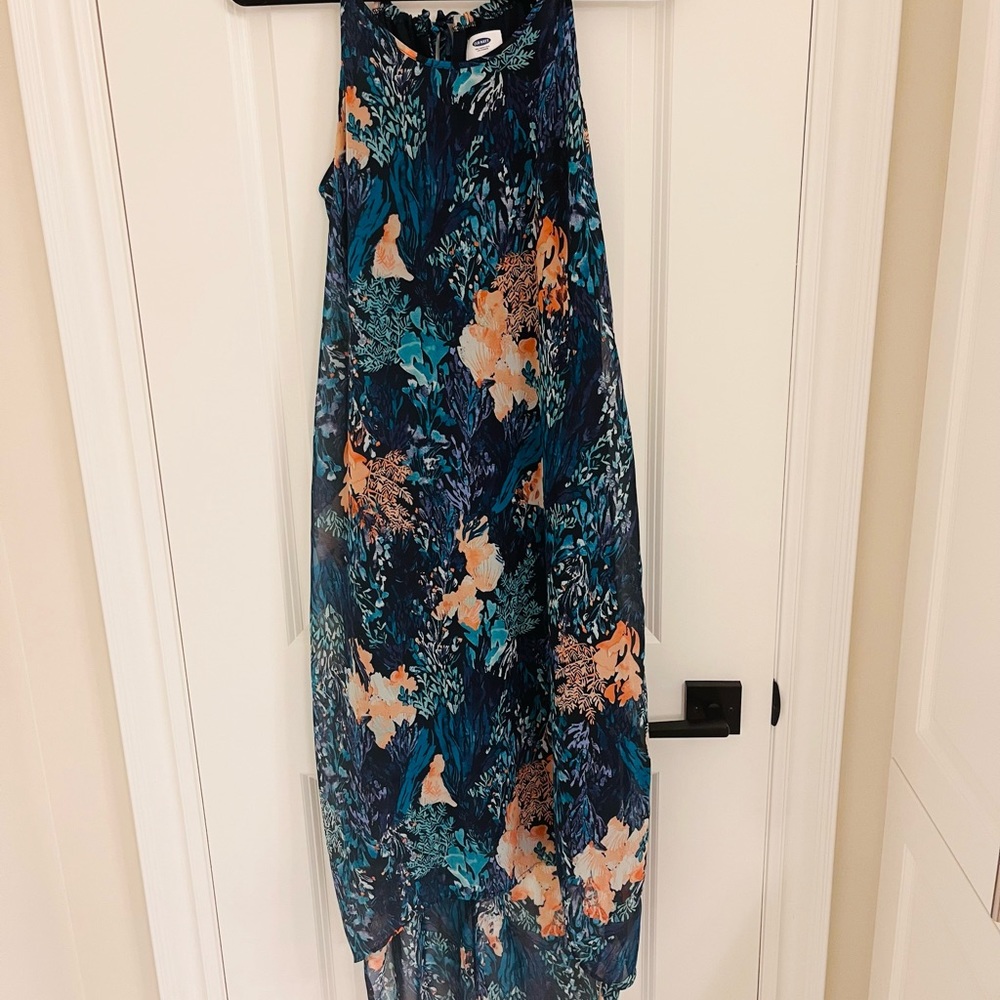 Floral halter dress with high/low hemline.